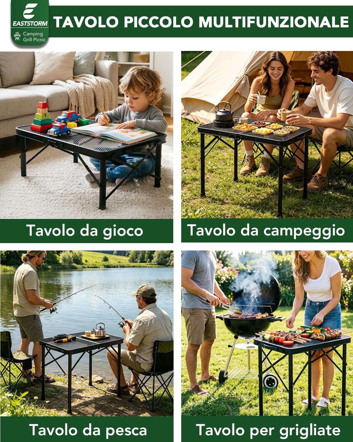 E EASTSTORM Tavolino Pieghevole da Campeggio, Tavolo Barbecue con Griglia in Metallo, 2 Regolabili in Altezza Portatile per Picnic Giardino Balcone Mercato Grigliato Spiaggia