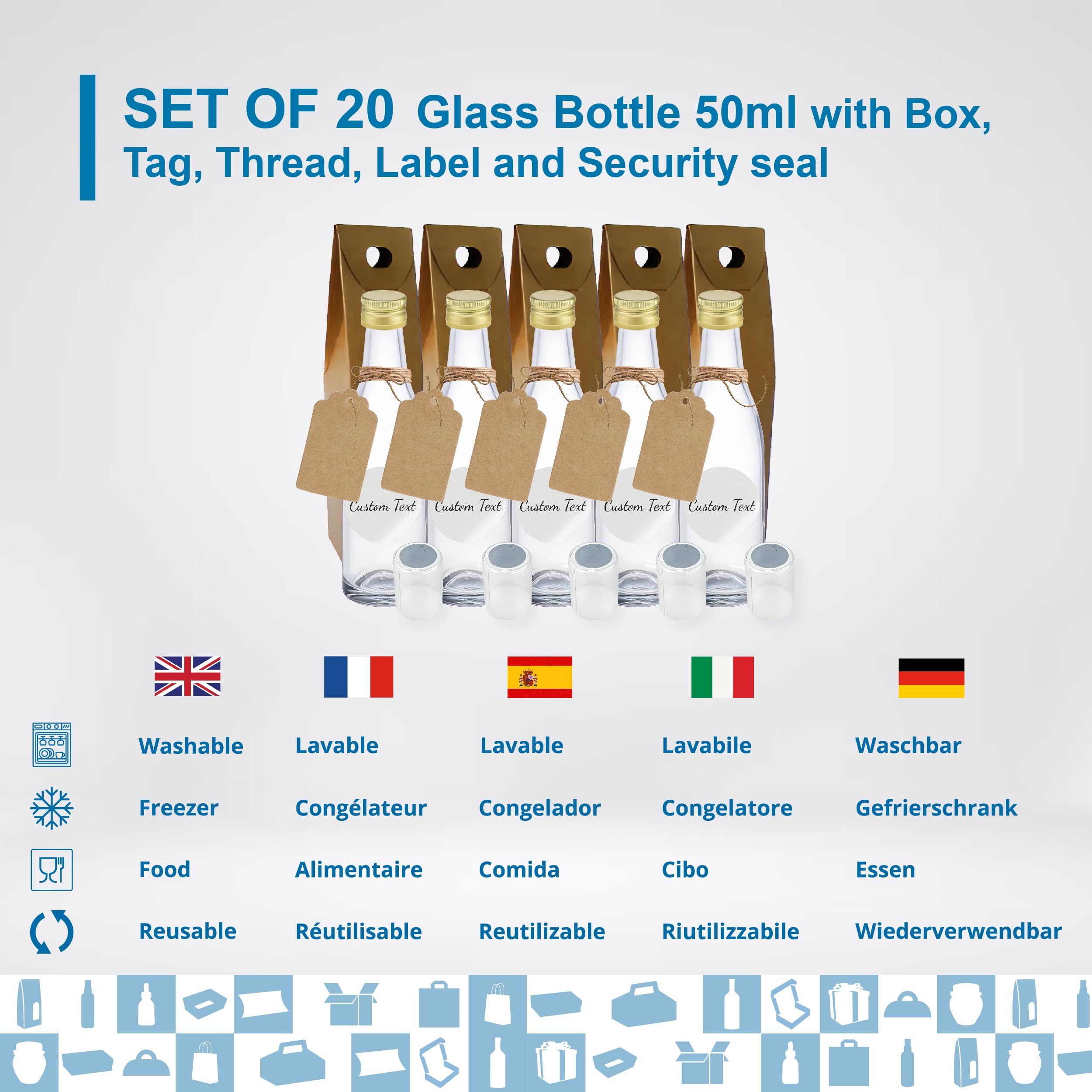 20 mini botellas de cristal de 50 ml con tapón de rosca dorado, caja, etiqueta kraft, hilo y etiqueta personalizable- Minibotellas de alcohol de 5 cl, pequeñas muestras - regalos, bodas