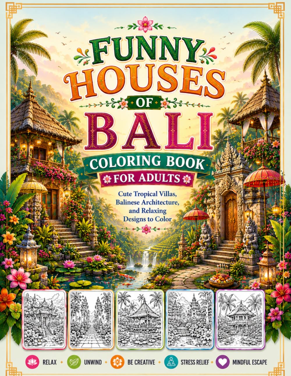 Funny Houses of Bali Coloring Book for Adults: Cute Tropical Villas, Balinese Architecture, and Relaxing Designs to Color
