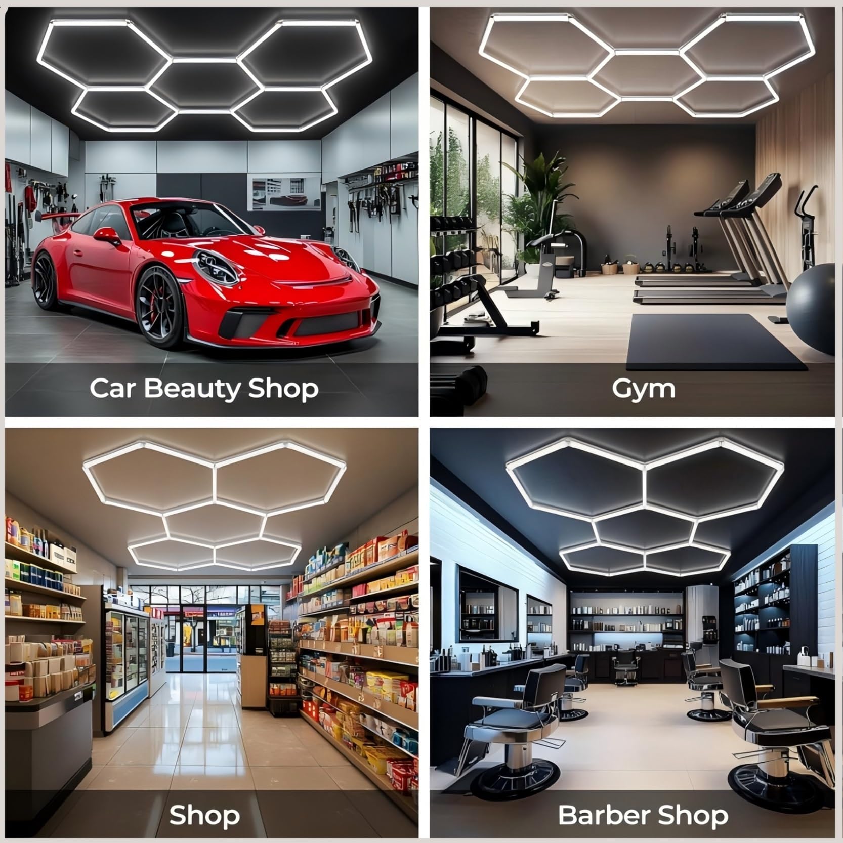 Panneaux LED hexagonaux à 5 ou 14 modules, grand format, 168 W ou 672 W, 6500 K, ultra-lumineux, for garage, atelier, entrepôt, detailing auto, bureau. Installation facile.(5 HEX)