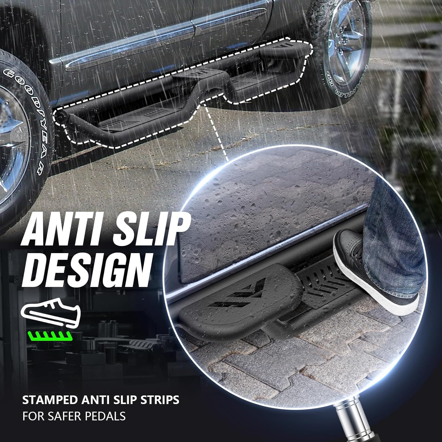 Two Raised Steps Quad Cab Running Boards Compatible for 2002-2008 Dodge Ram 1500, 2003-2009 Ram 2500 3500 Double/Extended Cab Side Steps Rails Nerf Bar Two Stairs Design (Bolt on)