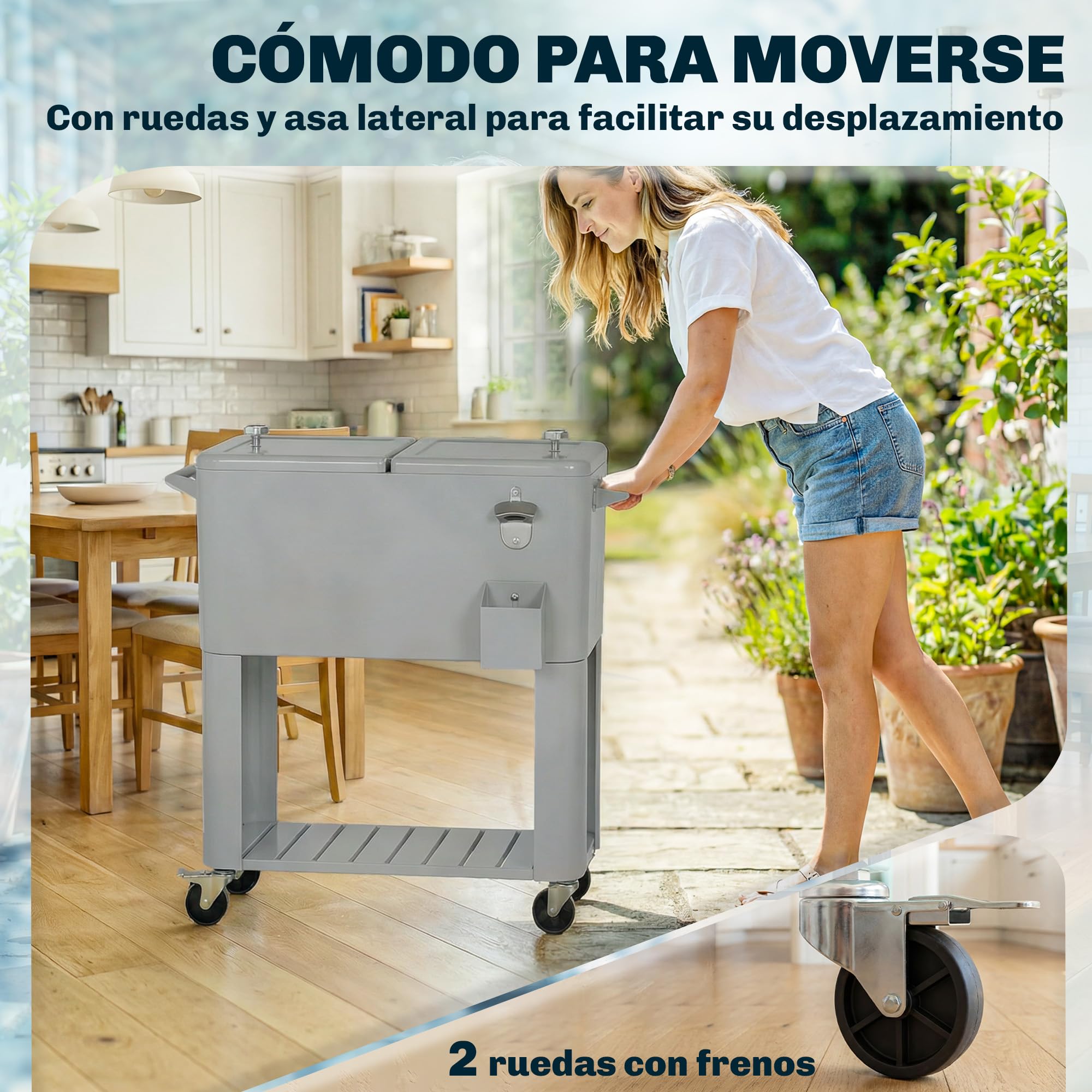 Outsunny Carrito Nevera de 76L con Ruedas, Carro de Bebidas con Estante, Abrebotellas, Recogetapas, Drenaje y 2 Asas, Mesa Nevera Jardín Exterior para Patio, Fiesta, BBQ, 92x39x81 cm, Plateado