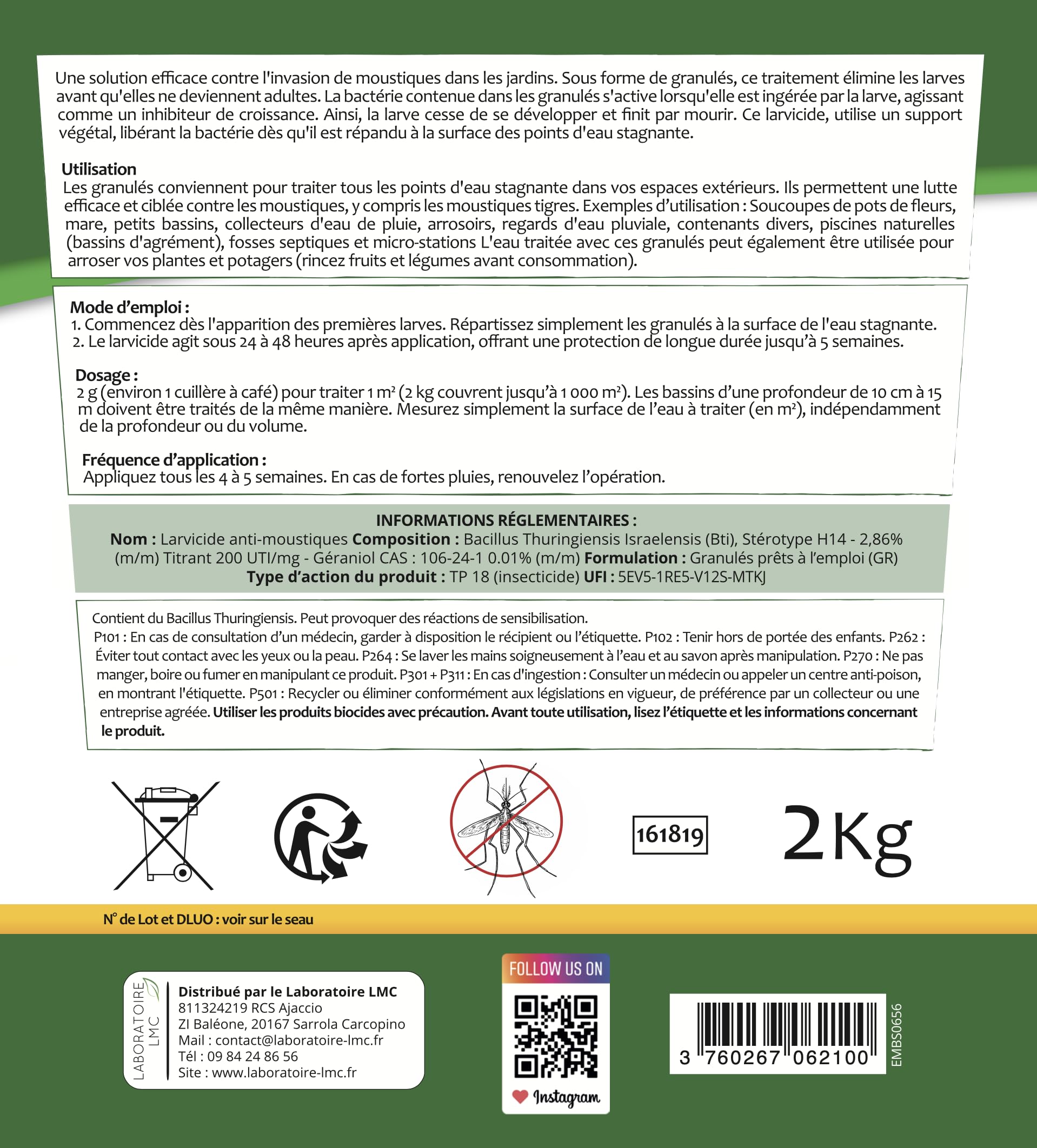TERRA NOSTRA Anti Moustiques – Larvicide Moustiques – BTI – Traitement Larves Eau Stagnante Jusqu’à 1000m² – Compatible Fosse Septique – Fabriqué en France – Seau 2kg