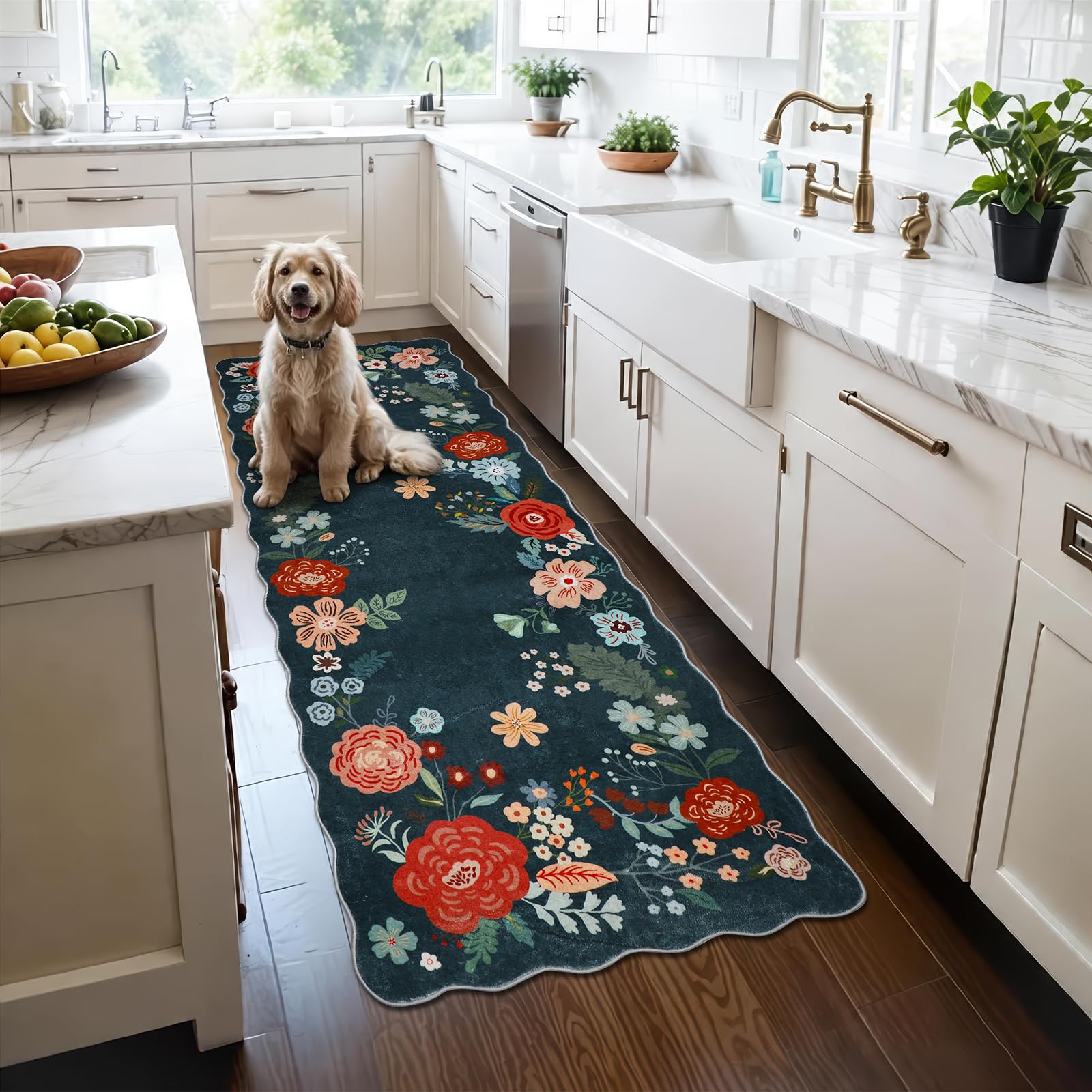 Tapis de couloir à motif floral vert foncé pour embellir votre décoration de chambre