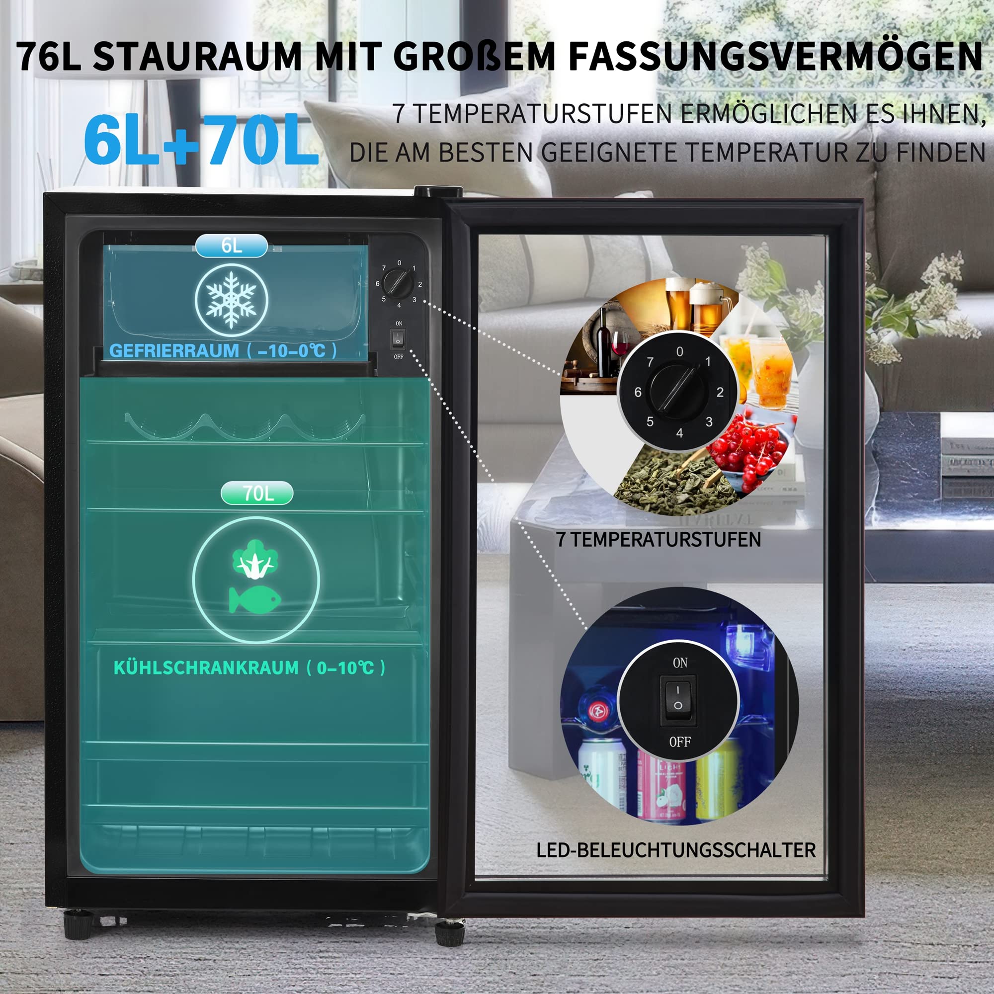 Merax Mini Kühlschrank 76L Freistehend Getränkekühler 70L Kühlschrank 6L Gefrierschrank Schwarz