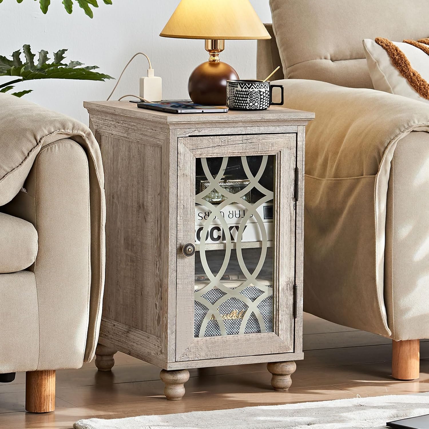 Narrow Side Table with Charging Station Set of 2, Night Stand with Glass Door,Bedside End Tables with Adjustable Shelf Storage Cabinet,Wood Nightstand for Small Spaces Living Room Bedroom with Charger Grey Oak 2