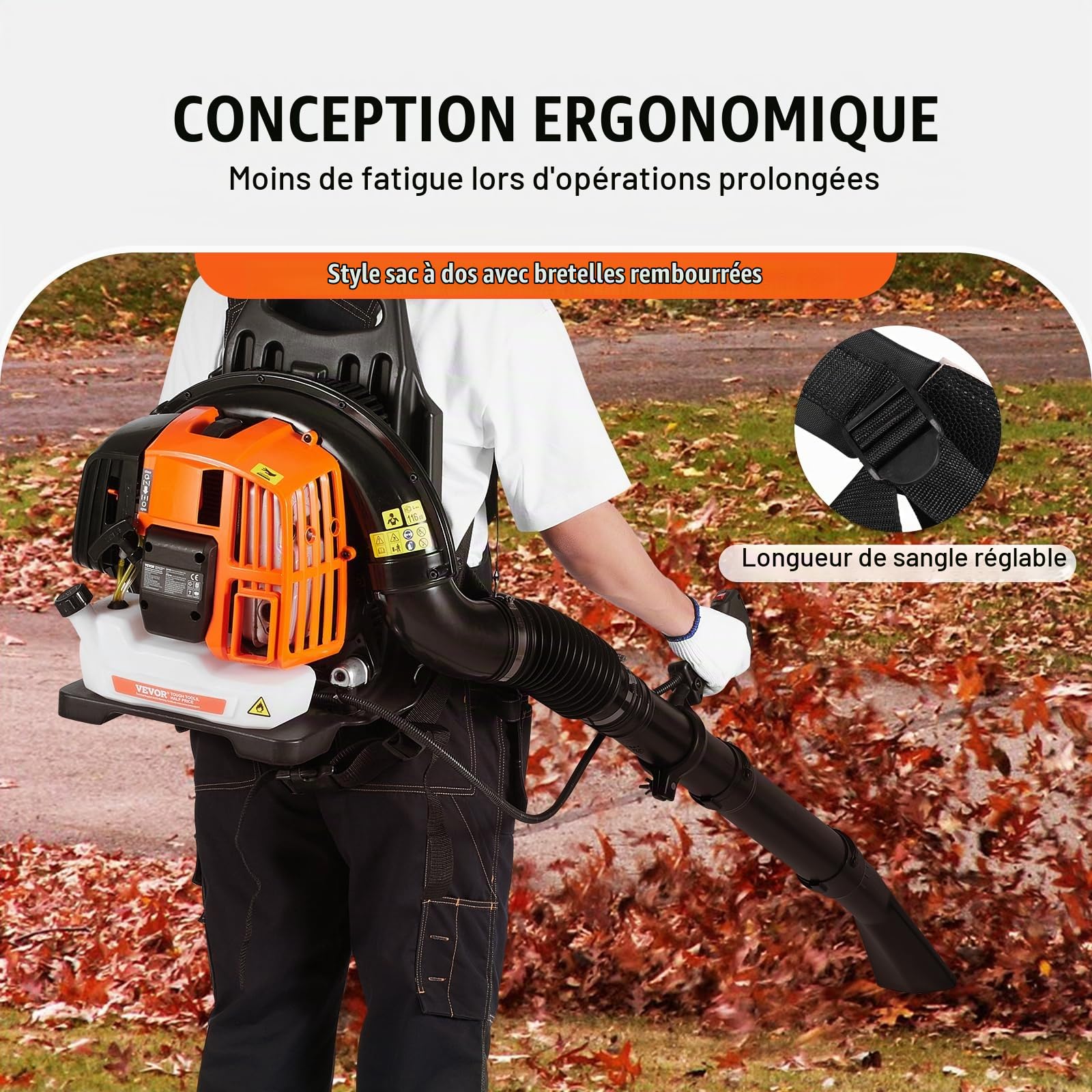 VEVOR Souffleur de Feuilles à Essence, 52 CC, souffleur de Neige à Dos 2 Temps, avec réservoir de Carburant 1,37 L, Volume d'air 480 CFM pour Entretien de pelouse, Nettoyage de Feuilles, déneigement
