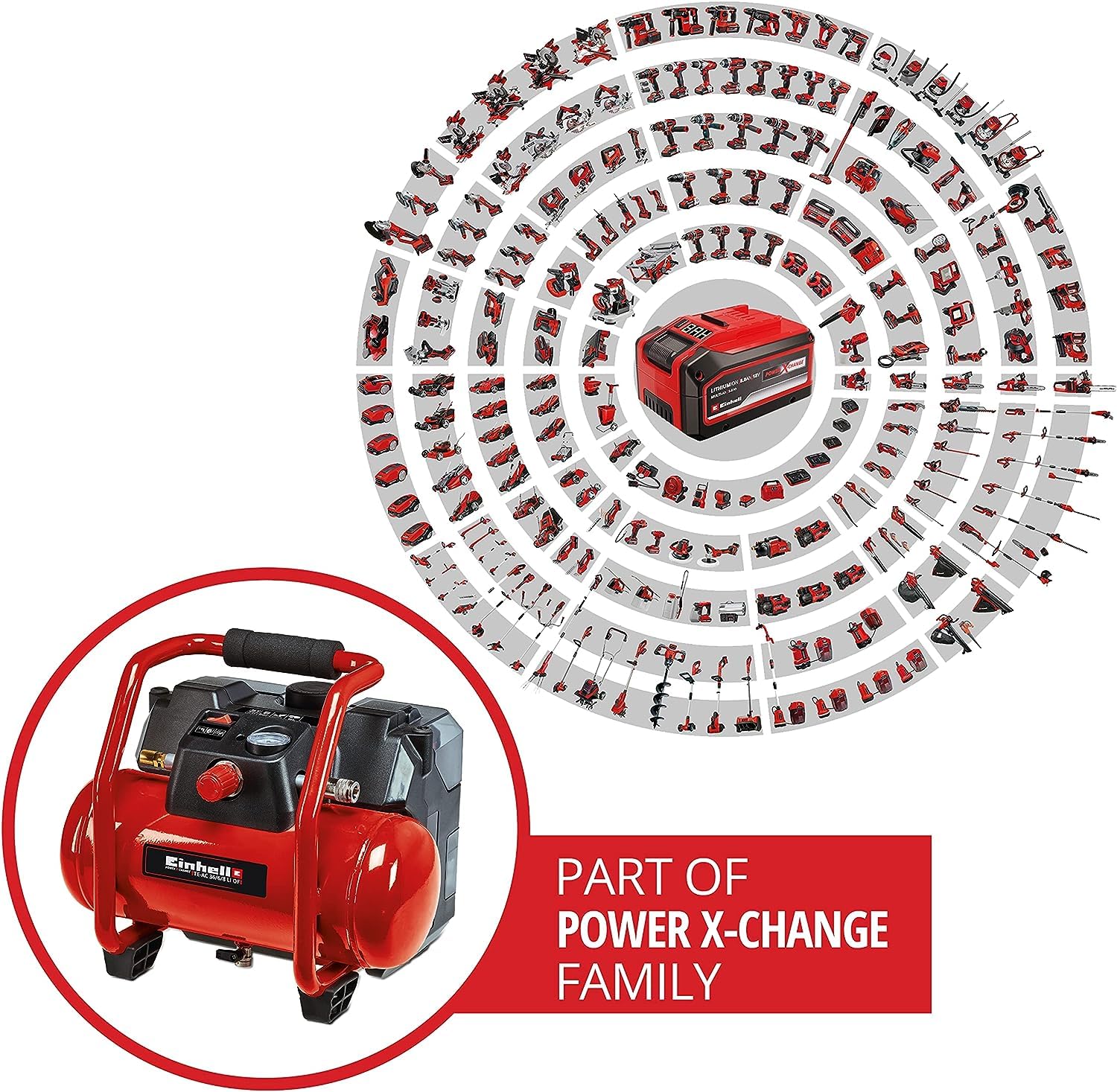 Einhell Akku-Kompressor TE-AC 36/6/8 Li OF Set Power X-Change (36 V, max. 8 bar, 6 l-Tank, 130 l/min Ansaugleistung, Motordrehzahl 16000 min^-1, ölfrei, ohne Akku)