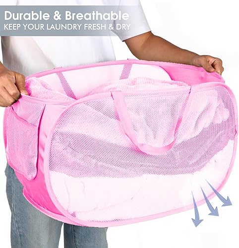 Miniatura 6 de Cestas de lavandería plegables duraderas, cesta de lavandería desplegable de malla con bolsillo práctico, cesta plegable de gran espacio con asas de
