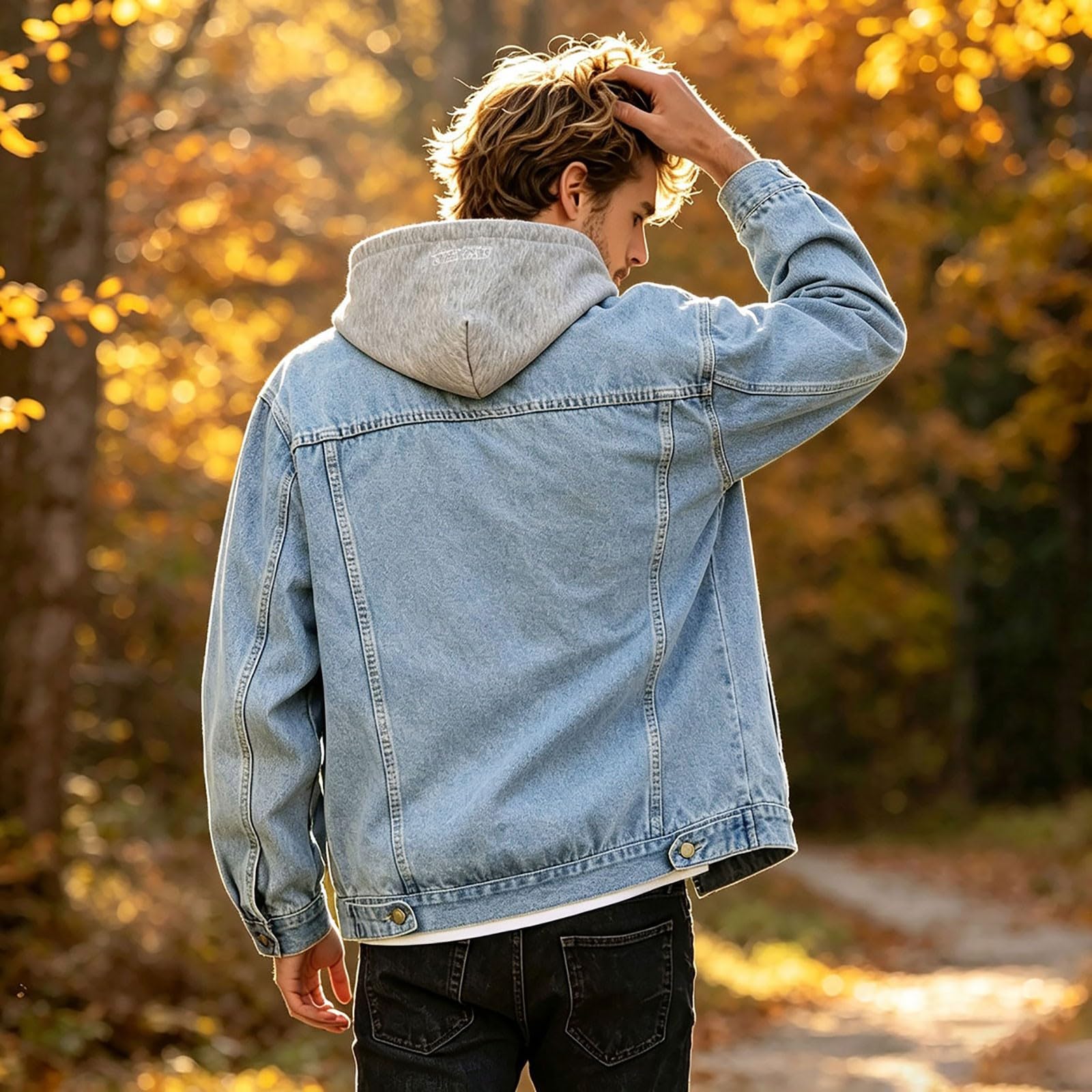 Giacca di jeans da uomo con cappuccio removibile, vestibilità comoda, capos