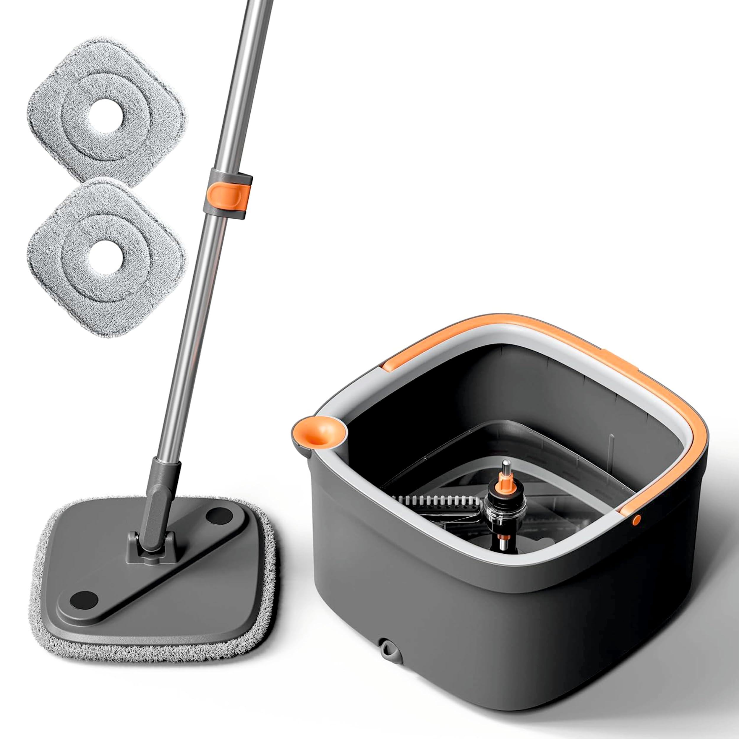 JIALTO 360° Spin Mop & Drop Bucket Deluxe System | Reusable Microfiber Pads for Wet & Dry Cleaning of Walls, Glass & Tiles and Home Floor Cleaning - Grey and Orange (Square)-image-30
