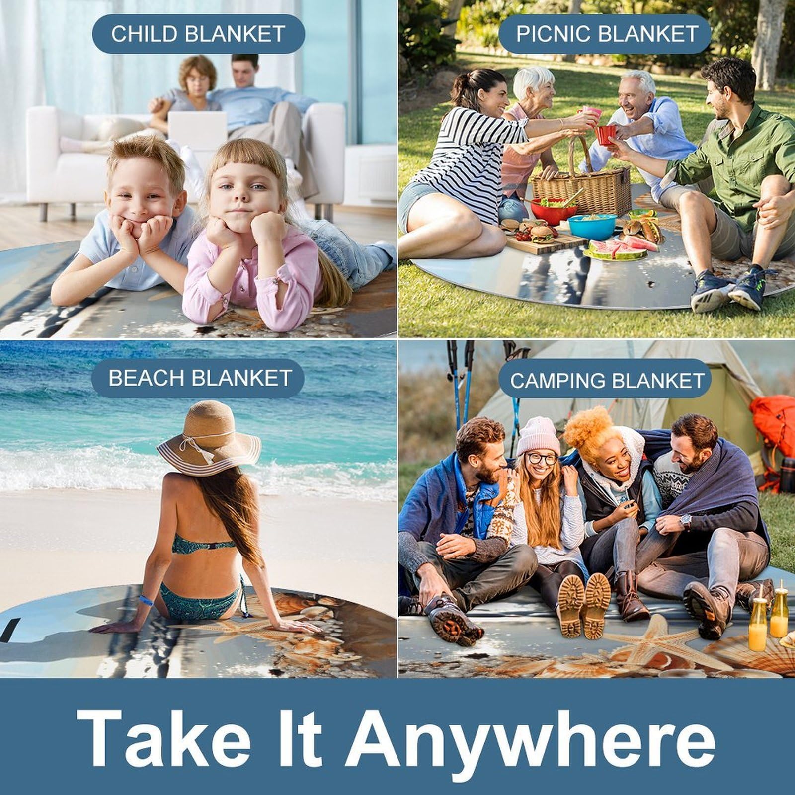 Muszle na plaży, koc piknikowy, okrągły, składany, lekki, wodoodporny koc plażowy, koc zewnętrzny, na wiosnę, lato, kemping, do parku, trawy podróżnej