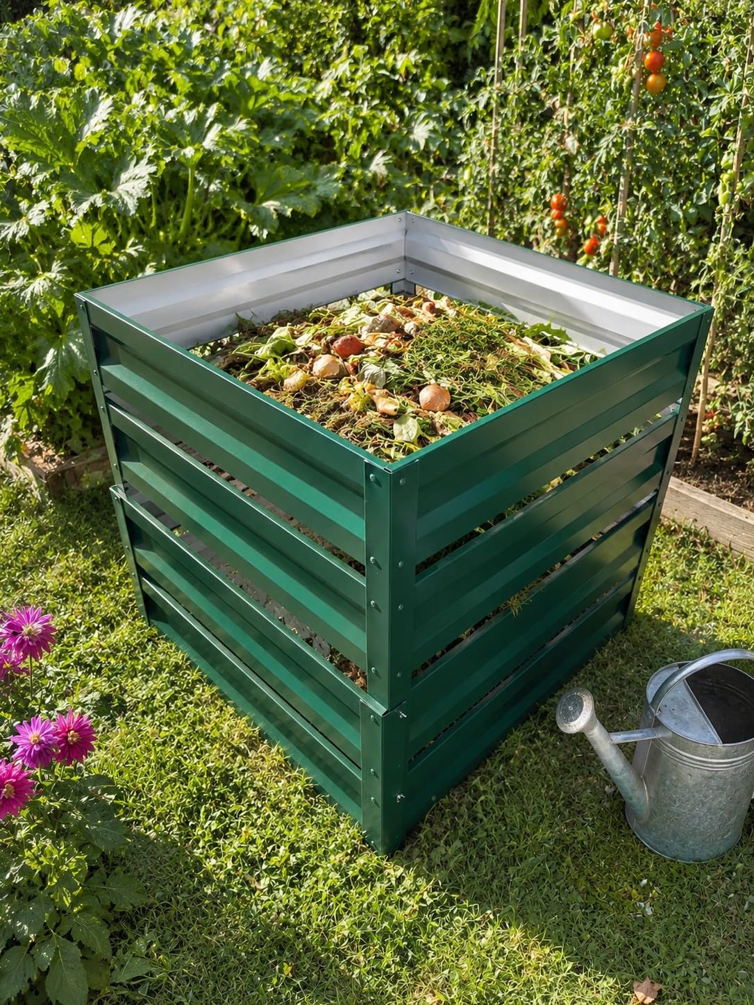 Botanic Gartenkomposter 1000L aus Metall, Verzinkter Komposter XXL 100x100x100 cm, Wetterfest & Rostfrei, Schnellkomposter für Gartenabfälle, Bioabfall & Laub, Einfacher Aufbau, Grün