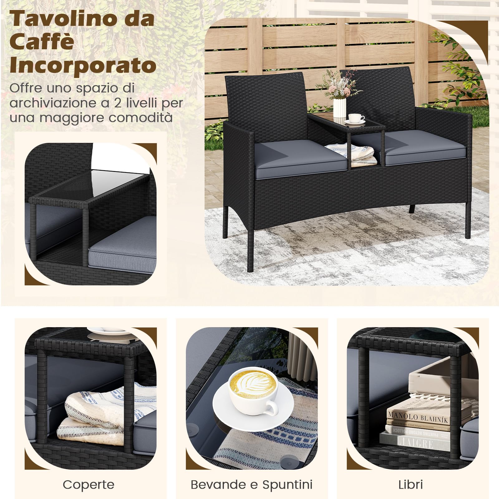 COSTWAY Panchina da Giardino in Rattan PE 62 x 124 x 84 cm, Divano da Esterno con Tavolino in Vetro Temperato e Cuscini Imbottiti, Poltrona con 2 Posti per Balcone, Piscina e Cortile (Grigio)