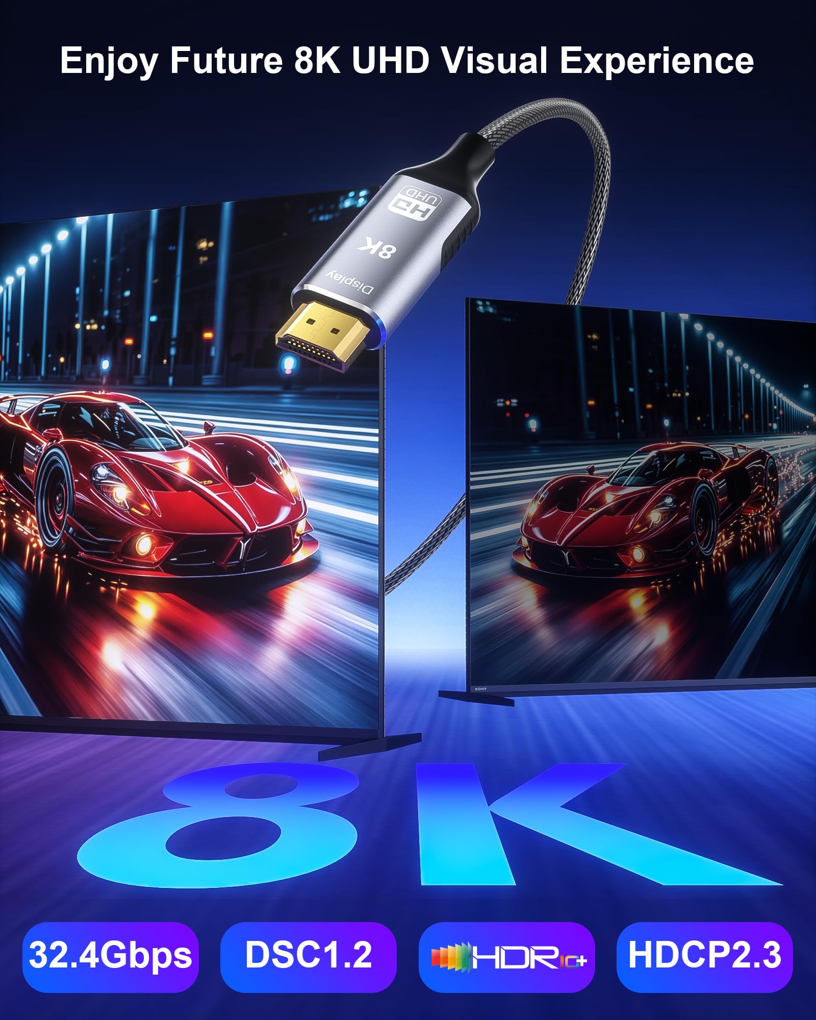 Cable DisplayPort a HDMI 2.1 8K de 6.6 pies - 8K a 60Hz 4K a 240Hz 2K a 240Hz, cable trenzado unidireccional DP a HDMI compatible con PC, Dell, HP, AMD, Lenovo, monitor, proyector