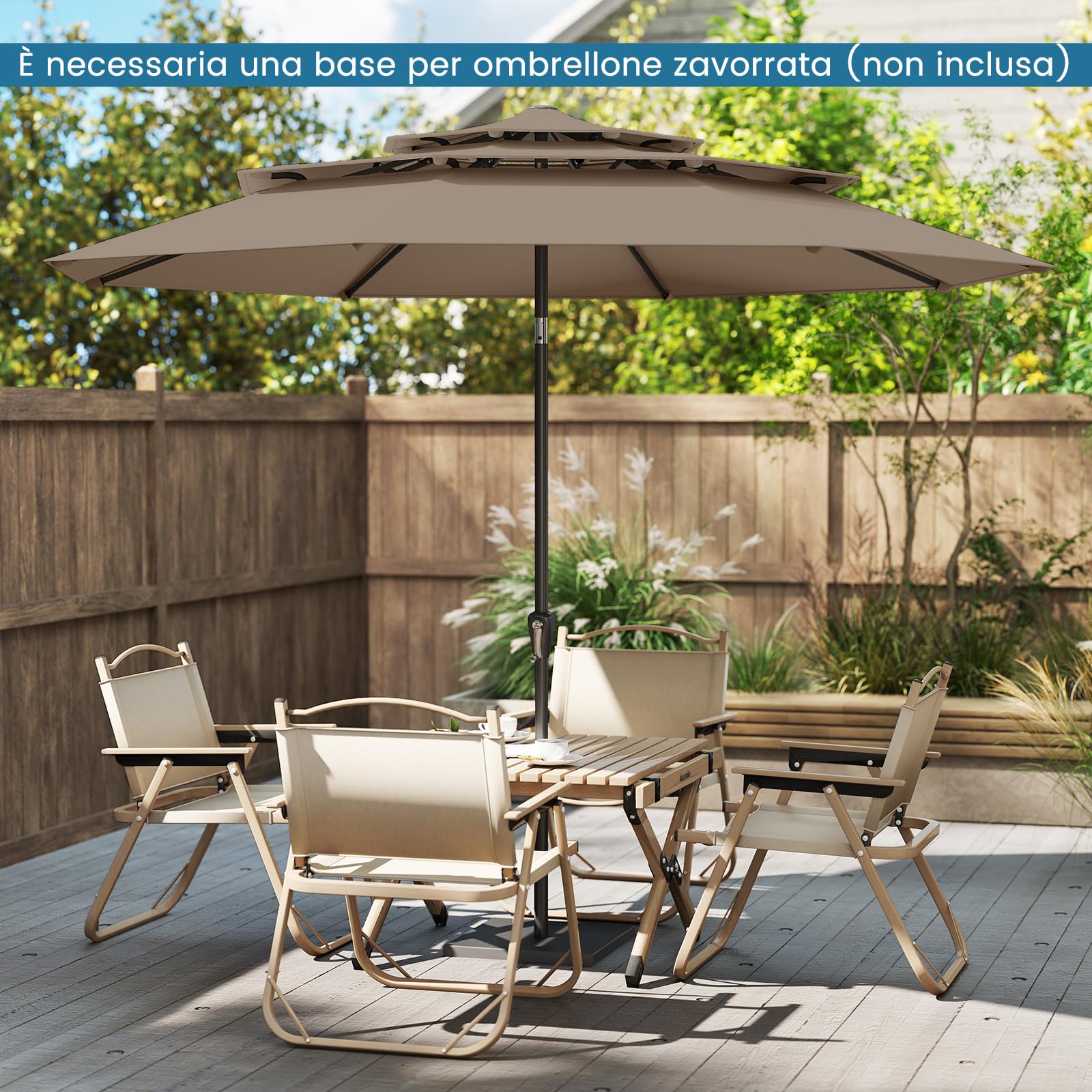 COSTWAY Ombrellone Giardino 300 cm, Ombrellone 3 Livelli con Ventilazione, Inclinazione Regolabile, Manovella, 8 Costole, per Giardino Spiaggia Piscina (Marrone)