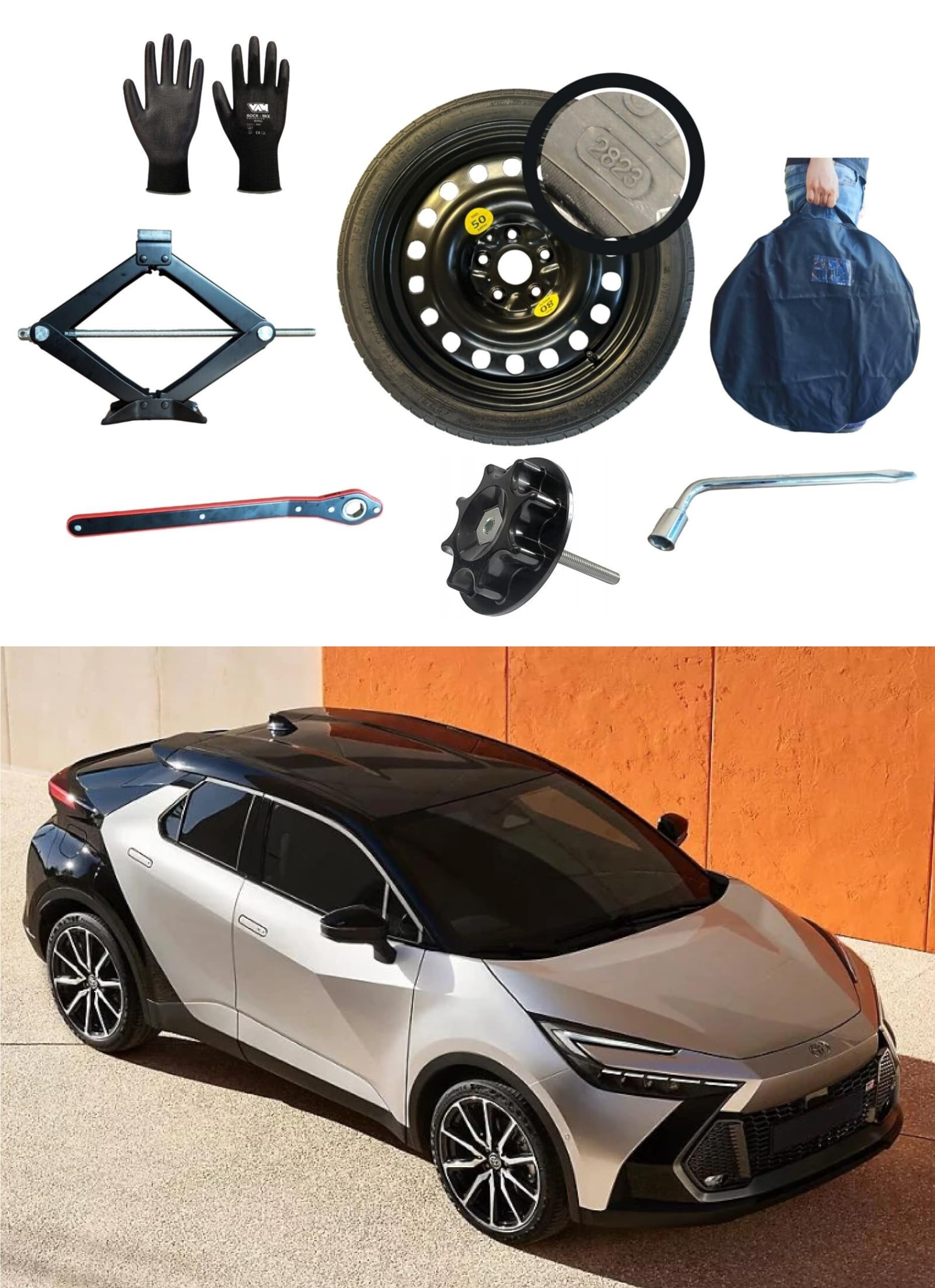 Kit Ruotino di Scorta 18" compatibile con Toyota C-HR con Cric, Chiave, Vite, Guanti e Sacca