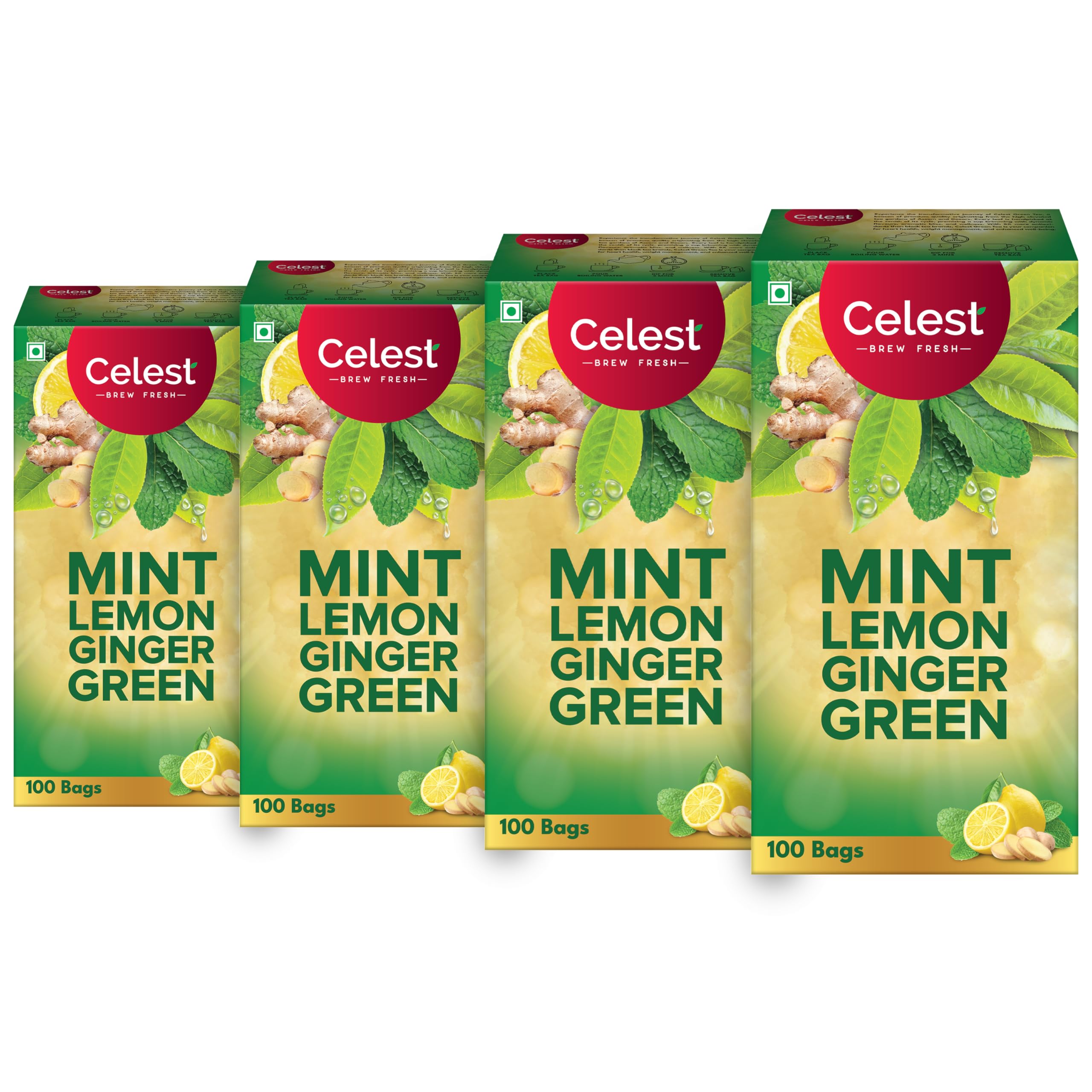 Celest Green Tea - Ginger, Mint & Lemon - 100 Bags (Pack of 4) | Green Tea Bags 100 pcs | 400 Tea Bags (B0D9VVZFH8) Amazon Price History, Amazon Price Tracker