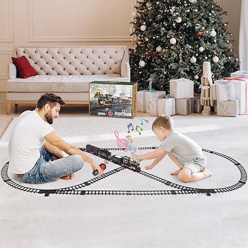 Miniatura 8 de BUCUOYEYE Juguetes de tren para niños y niñas con humo, pistas, con locomotora de vapor, autos de carga, juguetes de tren de Navidad, regalos para