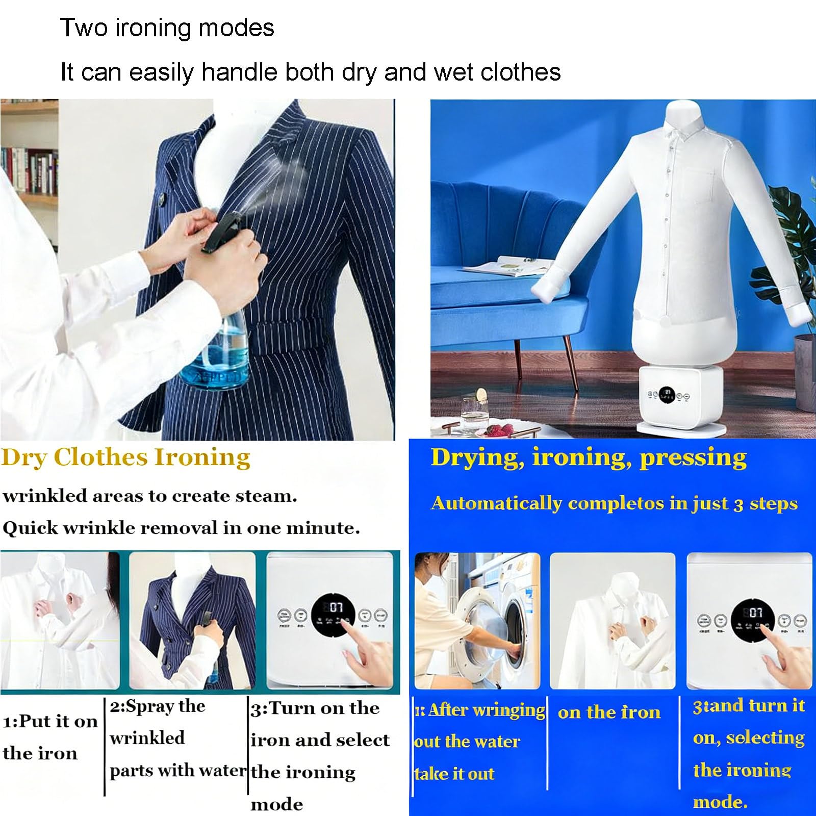 Máquina Stirare Automatica Senza Mani, Stira e Asciuga in 8 Minuti, di Vapore 360° con Manichino Gonfiabile e Diffusore Aromi, per Camicie, Pantaloni e Scarpe