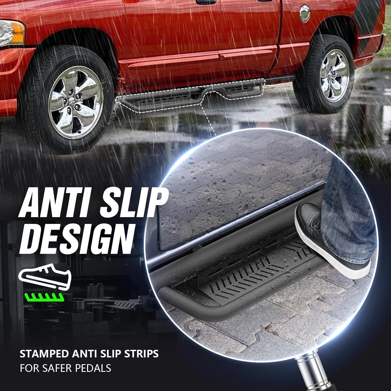 Quad Cab Running Boards Side Steps Compatible with 2002-2008 Dodge Ram 1500, 2003-2009 Ram 2500 3500 Double/Extended Cab, Bolt-on Nerf Bar, Heavy-Duty Steel Two Stair Design (Black, Star Logo)