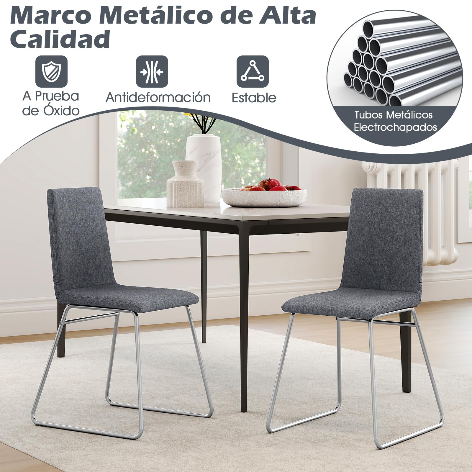 COSTWAY Juego de 2 Sillas de Comedor Modernas, Silla de Cocina Tapizada con Respaldo Plegable y Estructura Metálica, Asiento Acolchado, Carga de 150 kg, Sillas Sin Reposabrazos para Interior, Gris