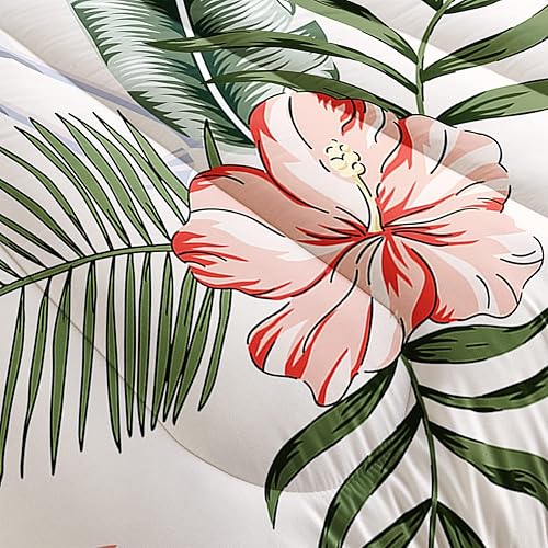 Miniatura 5 de Juego de edredón de flamenco, tamaño Queen, diseño de hojas de palmera y flamenco, estampado de hojas de flamenco, edredón acolchado con flores para