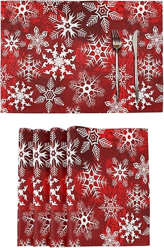 Juego de 6 manteles individuales navideños con patrón rojo navideño con copos de nieve y flores, manteles individuales para mesa de comedor, cocina,