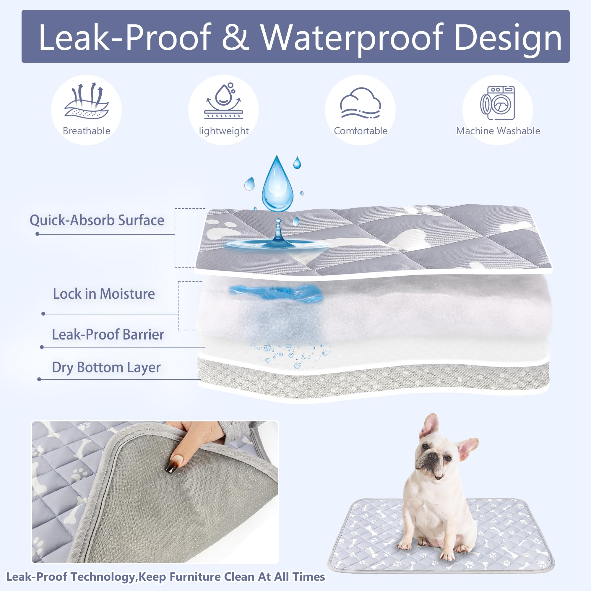 NACOCO Tapis rafraîchissant pour chien avec design intérieur antidérapant et imperméable, anti-fuite, extra épais, lavable en machine, pour chiens de taille moyenne et grande pour cages, lits,