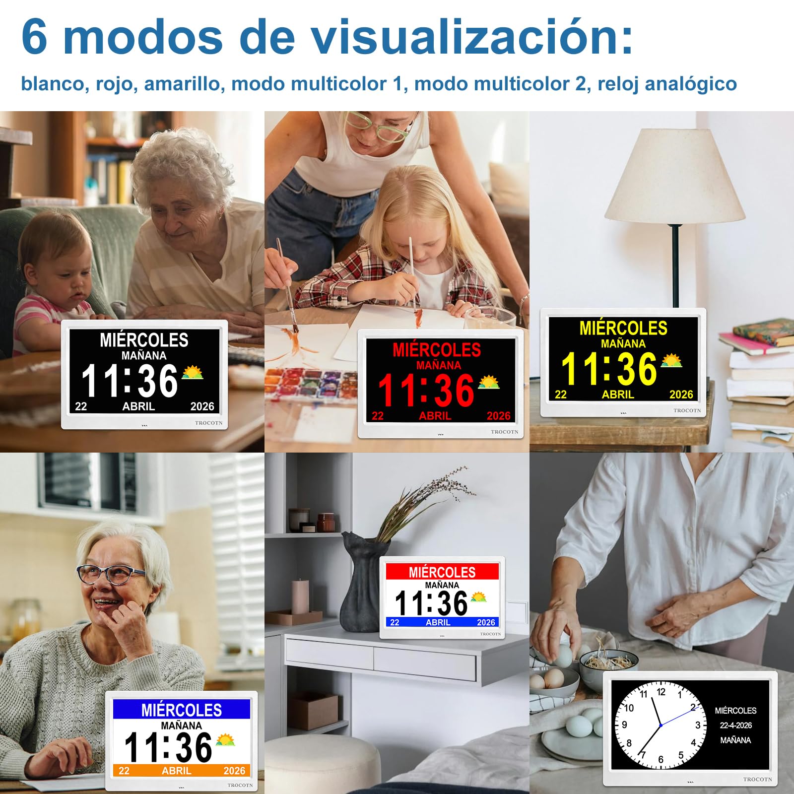 TROCOTN Reloj Digital Grande para Personas Mayores - Calendario Con Alarmas Personalizadas, de Pared Con Día y Fecha, Despertador, de Escritorio (10 Pulgadas, Blanco)