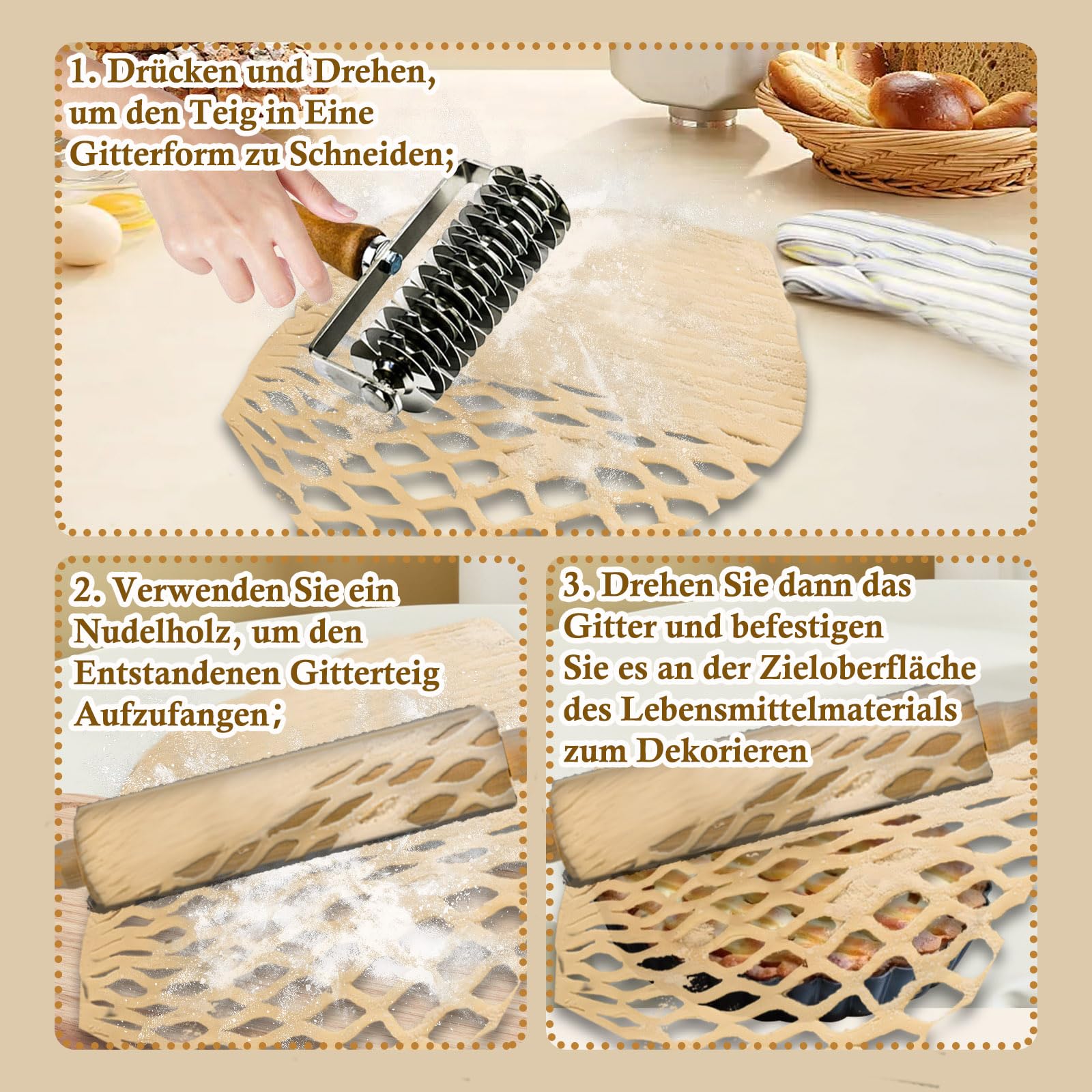 Qivine Gitterroller Teig, Gitterwalze Teigschneider Edelstahl mit Holzgriff, Kuchen Gitterschneider Nudelschneider für Pizza, Pastry, Brot