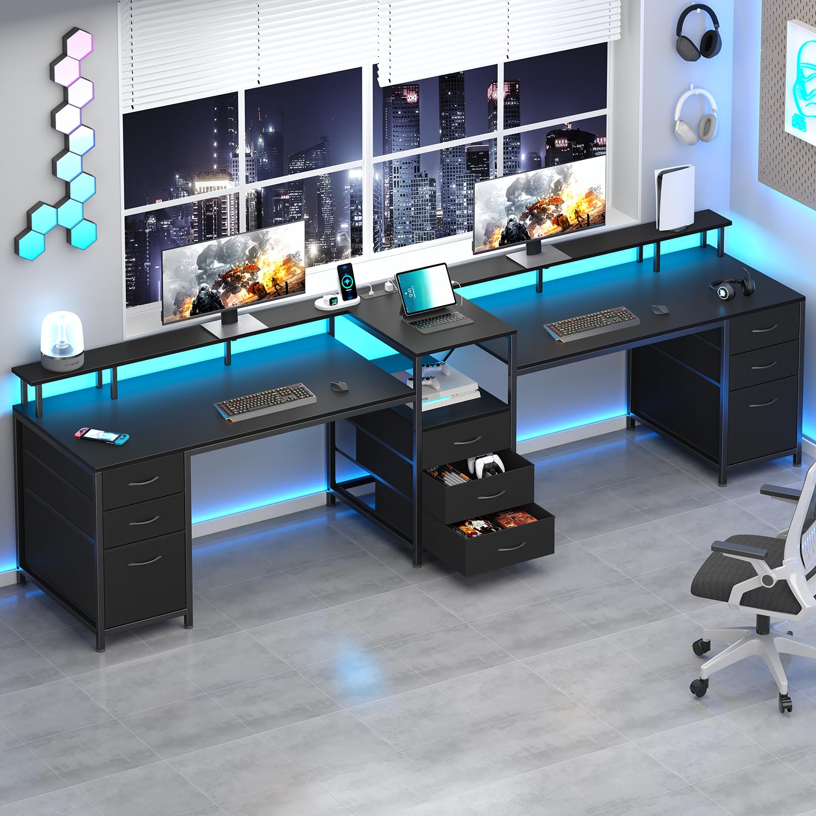 YOMILUVE 98.4" Long Computer Desk with 9 Drawers, 2 Person Gaming Desk with LED Lights & Power Outlet, Two Person Home Office Desk with Storage,