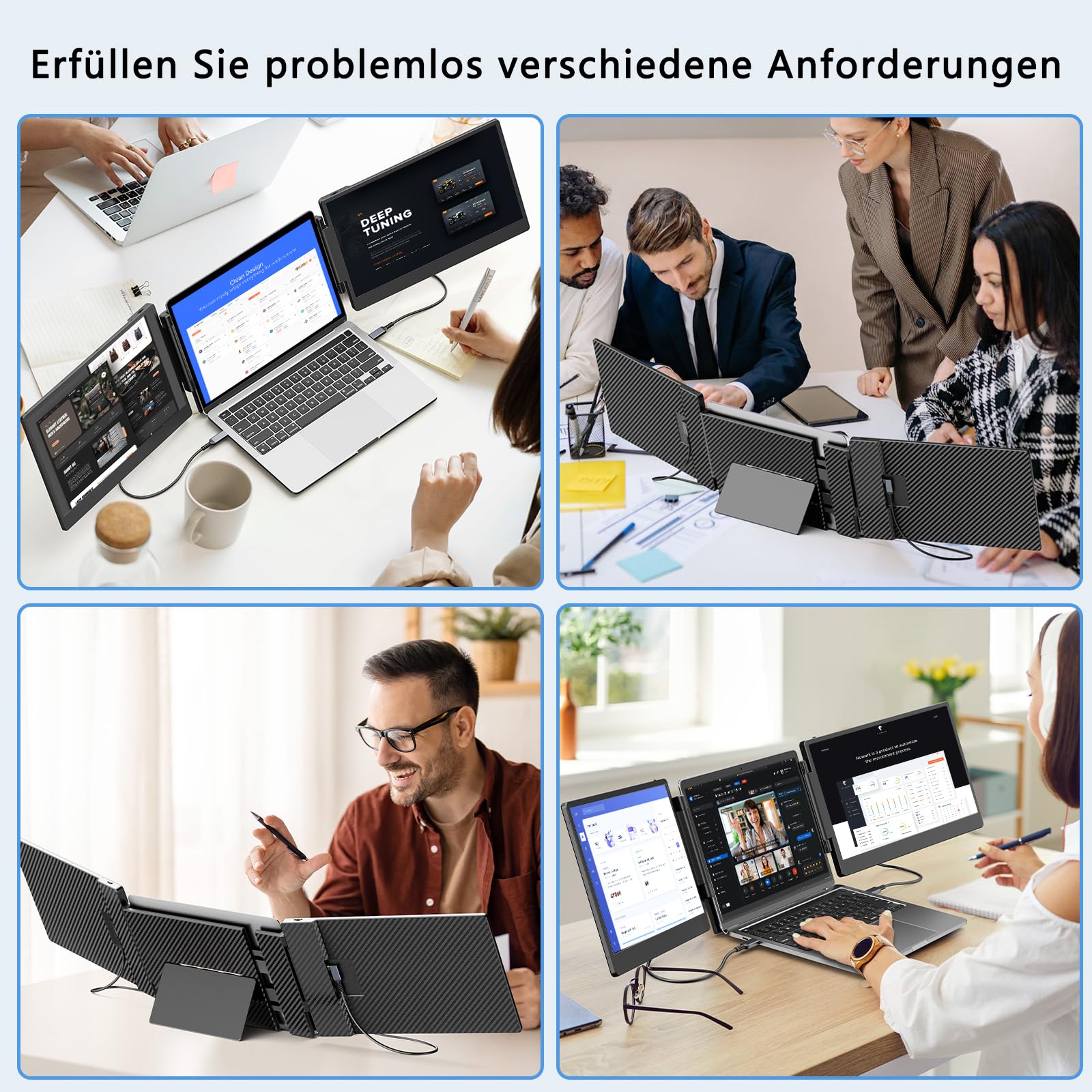 Tragbarer Monitor für Laptop, 14’’ Triple Laptop Screen Extender, FHD 1080p Portable Monitor Bildschirm Erweiterung, Plug & Play Kein Treiber Kompatibel Windows Mac Android