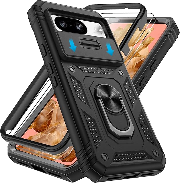 Pilaru 3 in 1 for Pixel 8 Case with 2 Screen Protector & Kickstand Ring & Camera Cover Military Grade Drop Shockproof Protection360 Full Body Case for Google Pixel 8,Black