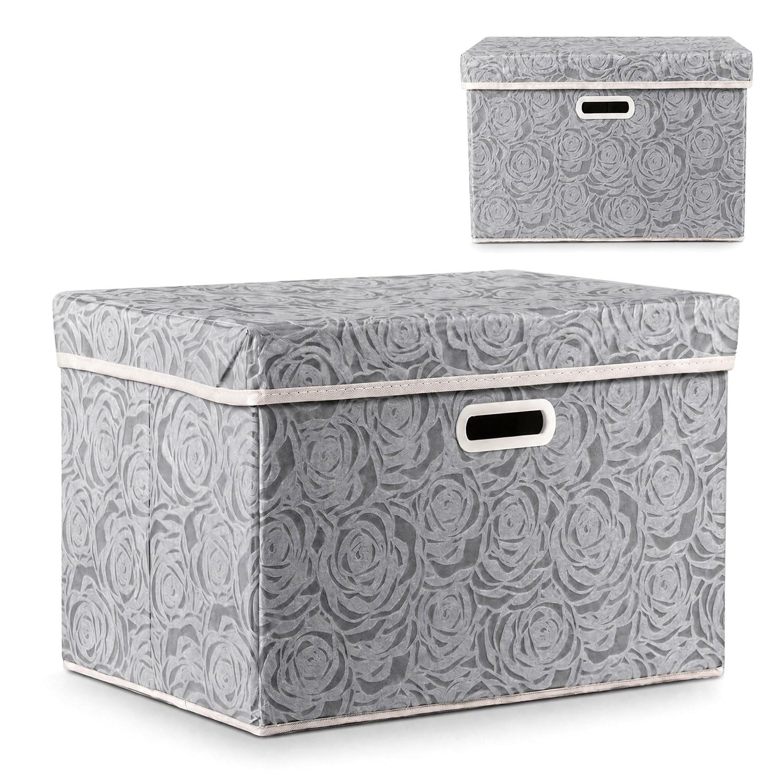Storage Boxes with Lids, Rose Pattern Large Collapsible Storage Bin, 38L Non-Woven Wardrobe Storage Organiser, Dust-proof & Moisture-proof Clothes Storage for Closet Toys Stackable - 43x30x30cm（grey）
