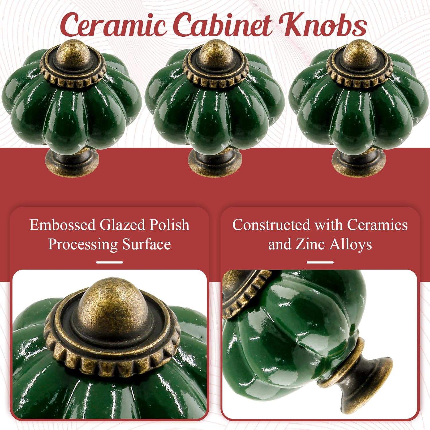 8pcs Ceramic Pumpkin Cabinet Knobs, Dark Green Vintage Drawer Knobs for Vanity, Closet, Cupboard