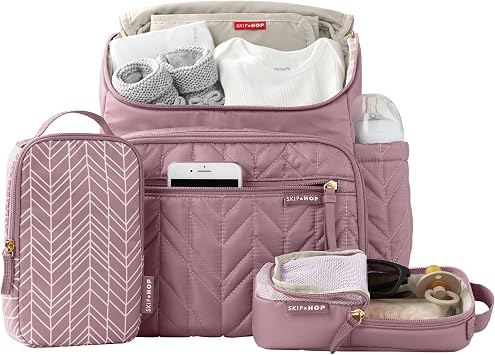 Skip Hop Diaper Bag Backpack: Forma, Multi-Function Baby Travel Bag with Changing Pad & Stroller Attachment, Mauve Mist