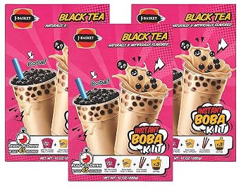 J-Basket Boba Kit, Bubble Pearl Milk Tea with Authentic Tapioca Boba, Straws Included,10 Oz Pack of 3 Black Tea Pack of 3