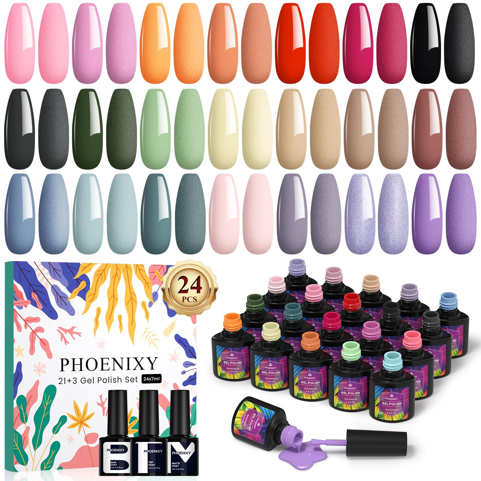 Gel Nail Polish Set-21+3 Pcs Phoenixy Gel Nail Polish with Glossy Matte Base Top Coat Popular Nail Varnish Set Salon Design Kit Gift for Women