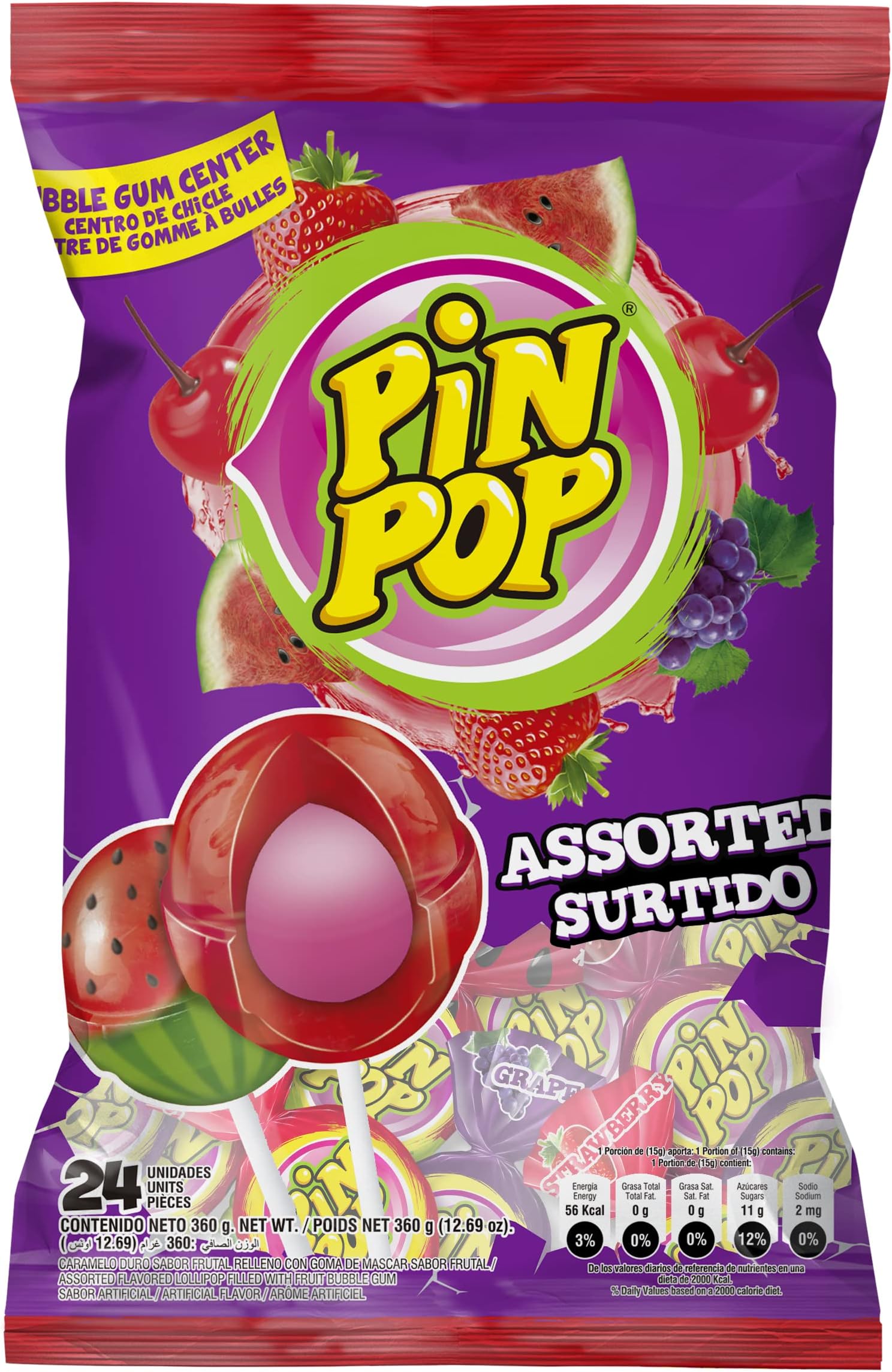 Pin Pop Candy, Assorted Flavor Individually Wrapped 24 Count Lollipops, Fruit Flavor Suckers For Kids, Bubble Gum Pops, Pack of 1, 360g (12.69oz)