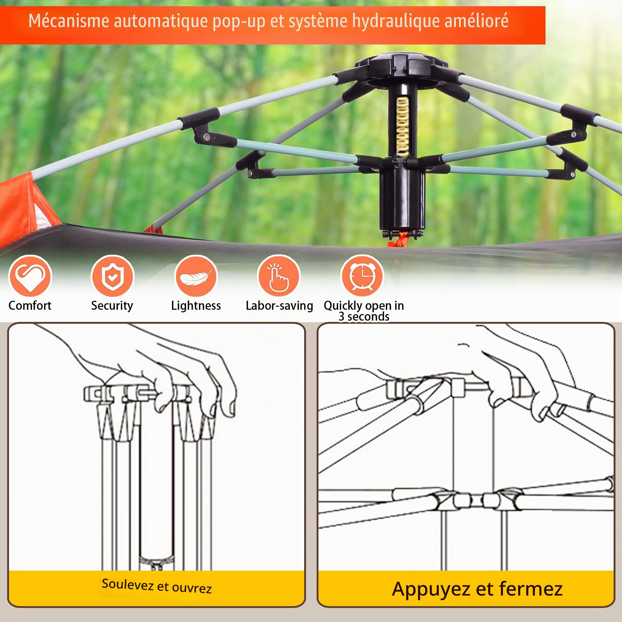 Tente QQ CAT à déploiement rapide 2 places, tente de camping instantanée dôme étanche 3000 mm avec auvent, tente automatique anti-vent pour festival pour adultes 4 saisons, vert/orange