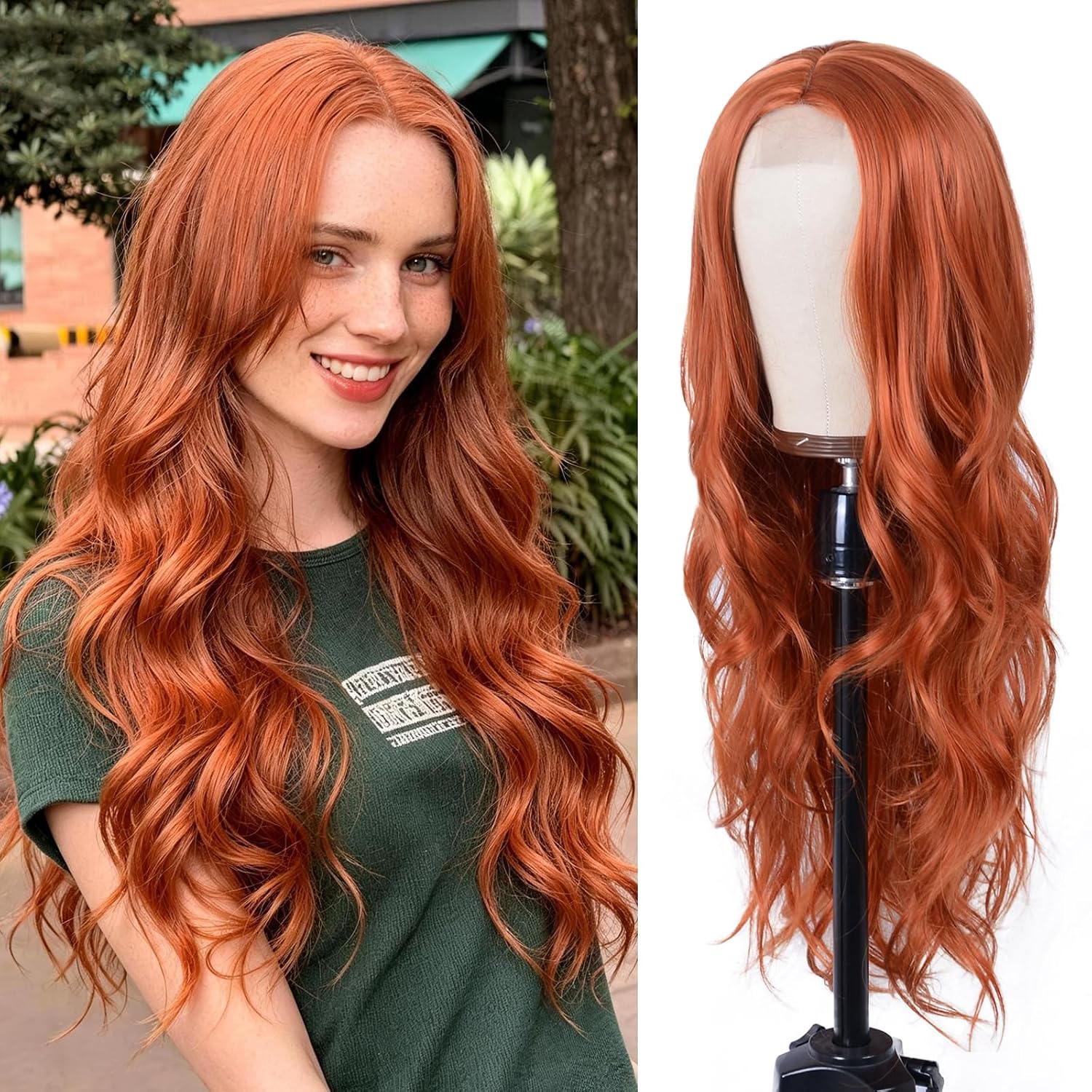 Aida ble Long Ginger Wavy Wig for Women Orange Curly Wig Heat Resistant Natural Synthetic Wigs for Girls Halloween Cosplay Daily Party Use-26inch