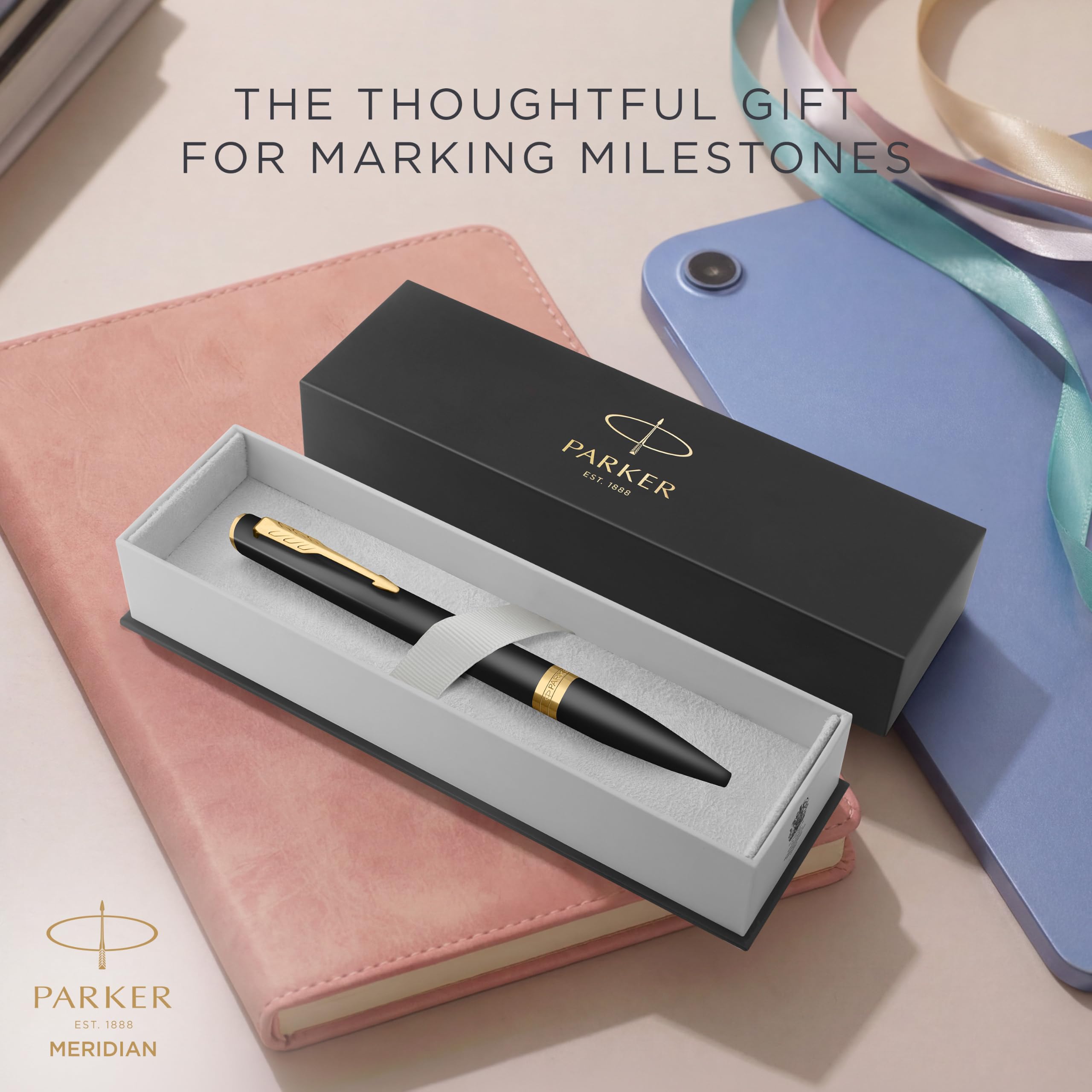 PARKER Meridian Kugelschreiber | Mattschwarzer Lack mit goldenen Verzierungen | Mittlere Spitze | Schönschreibfüller & Journaling Zubehör | Blaue Tinte | Luxus-Geschenkbox