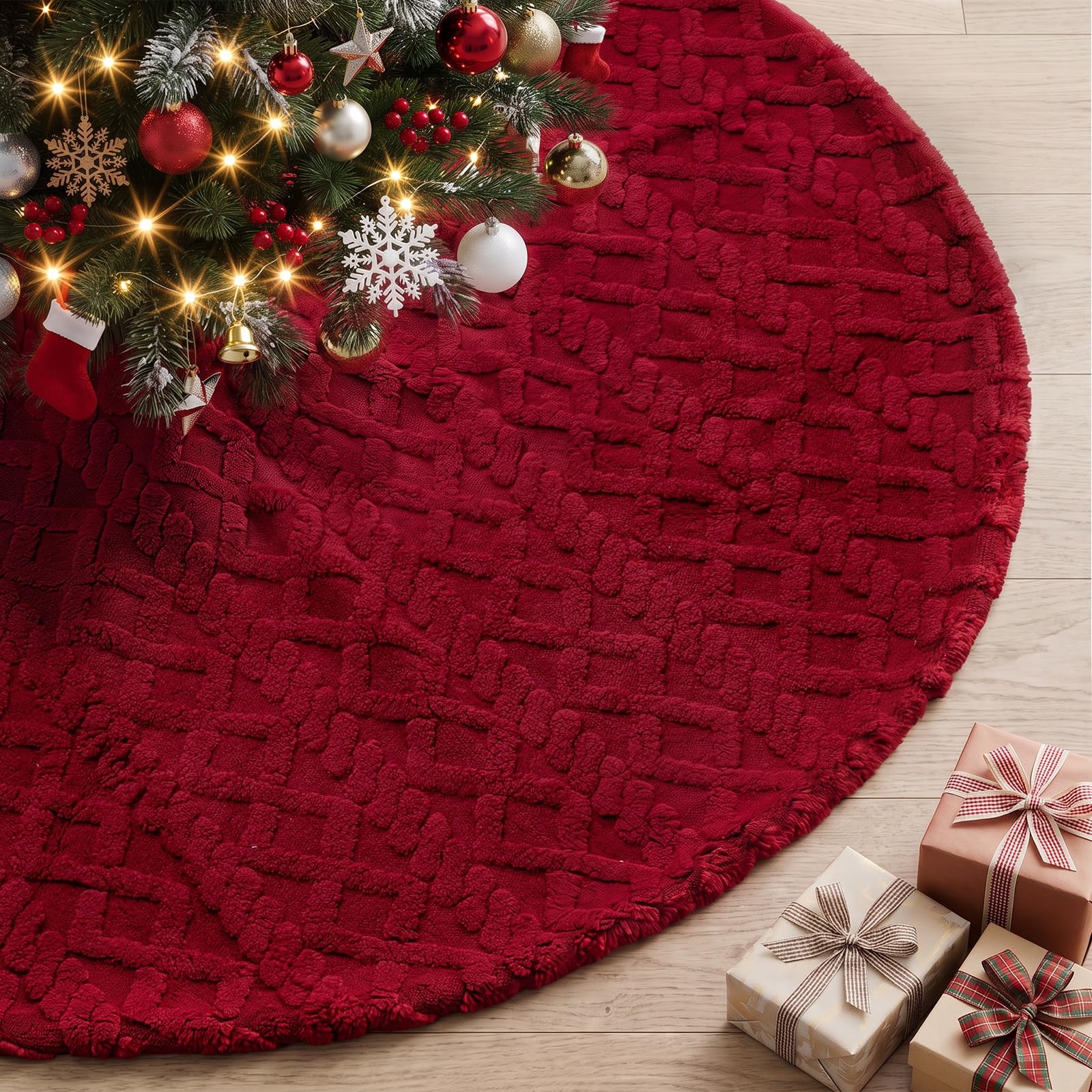 Lanpn Christmas Tree Skirt 60cm, Faux Fur Xmas Tree Skirt with Rhombus Plush Winter Christmas Tree Mat for Small Mini Pencil Slim Artificial Trees Winter Home Party Indoor Xmas Decor (Red, 24 inch)