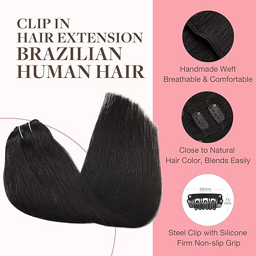 Miniatura 3 de GOO GOO - Extensiones de cabello lacio humano Remy con clip, color negro natural, grueso, 14 pulgadas, 7 piezas, 120 gramos