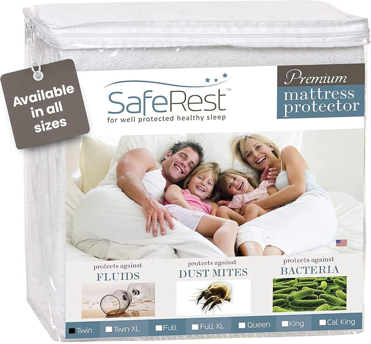 SafeRest Waterproof Twin Size Mattress Protector - Fitted with Stretchable Pockets - Machine Washable Cotton Mattress Cover for Bed