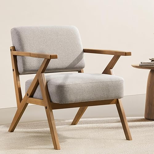 Miniatura 8 de Silla moderna de mediados de siglo, sillón tapizado beige con marco de madera maciza, cómoda silla de rincón de lectura, sillas de descanso
