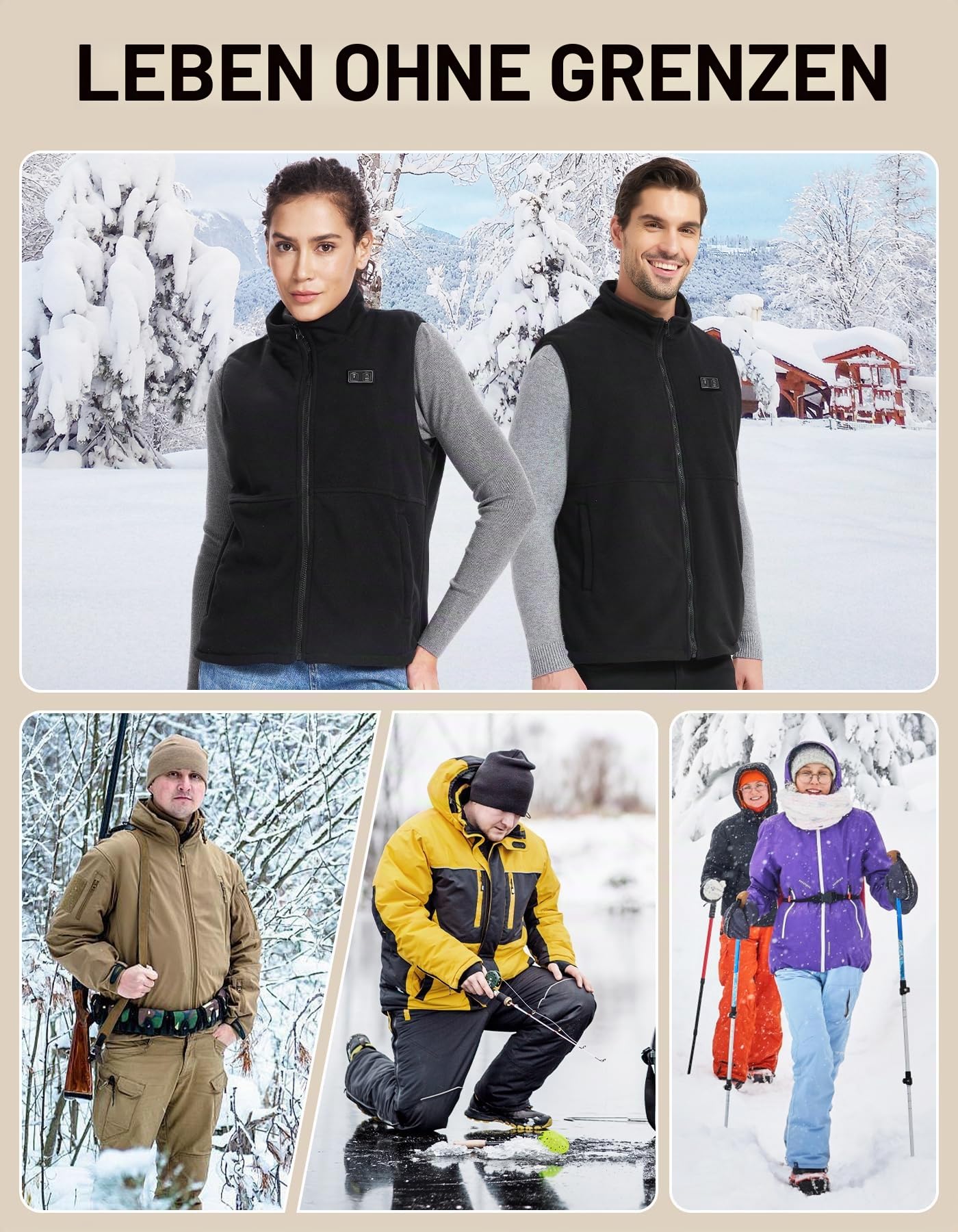Loowoko Beheizbare weste herren damen fleece (Ohne Batterien), Leichte Thermo-Heizweste, 3 Temperaturstufen + 6 Heizzonen, Waschbar, Für Arbeit im Freien, Motorrad, Spaziergang & Gassi