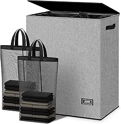 SOLEDI Cesto de roupa suja duplo com tampa e bolsa removível, cesta de roupa grande com 2 seções com alças, cestas de roupas sujas dobráveis para lavanderia, quarto, dormitório, faculdade