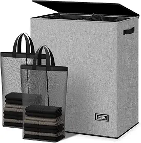 SOLEDI Cesto de roupa suja duplo com tampa e bolsa removível, cesta de roupa grande com 2 seções com alças, cestas de roupas sujas dobráveis para lavanderia, quarto, dormitório, faculdade